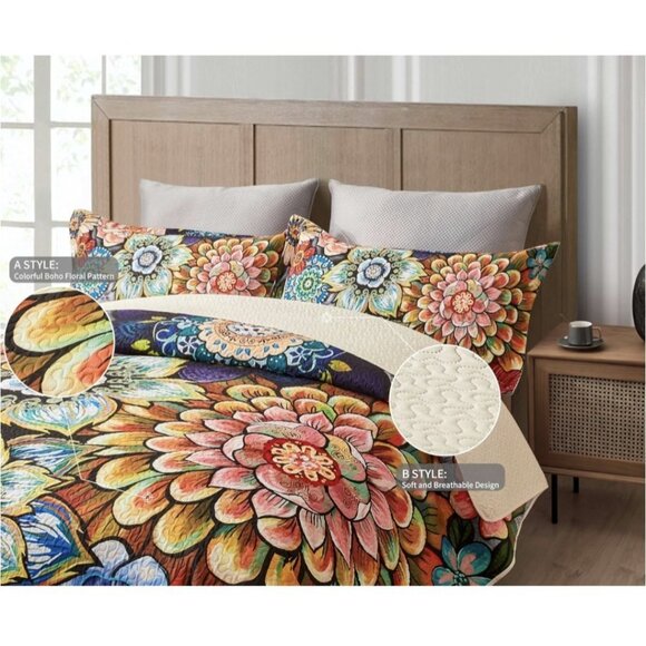 3 Piece Boho Floral Quilt Set King Size Colorful Bohemian Contemporary Flower - Picture 2 of 6